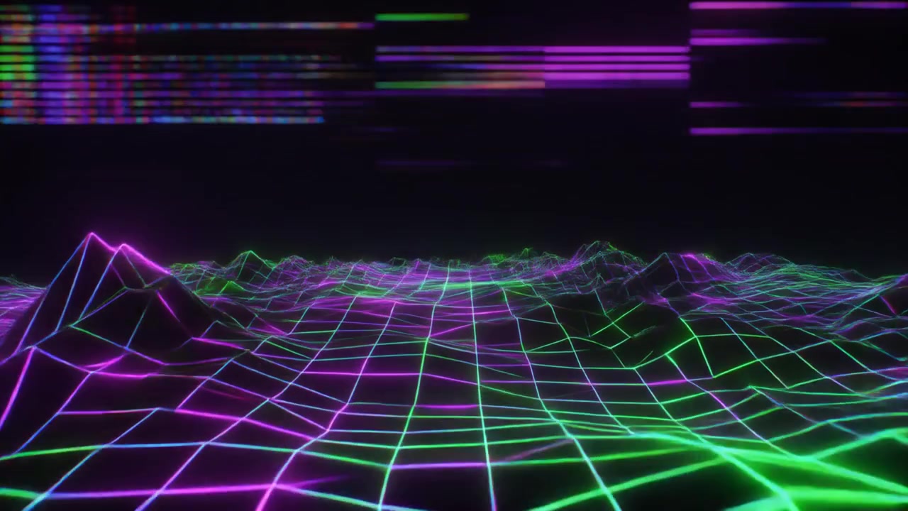 Paesaggio digitale Retro Synthwave con griglia al neon luminosa