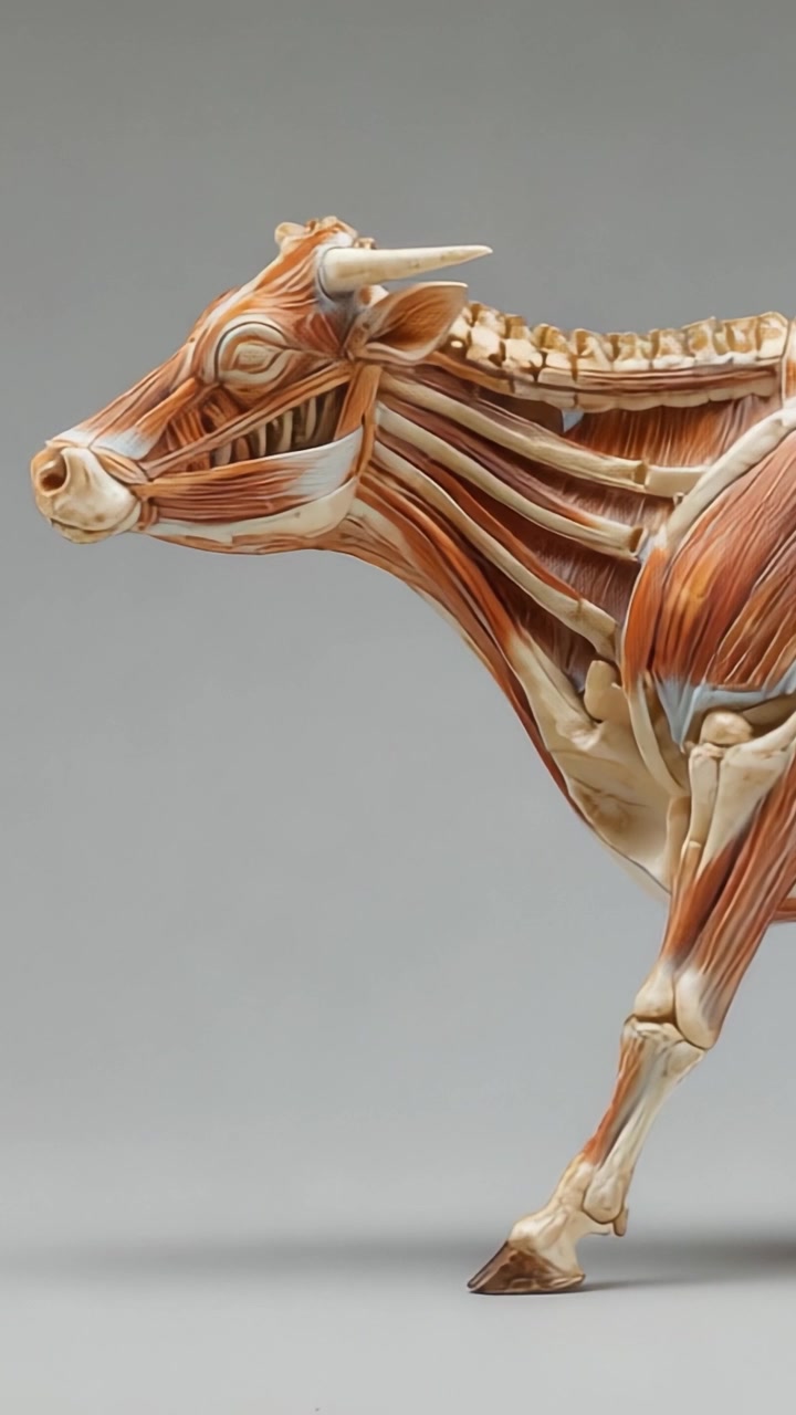 Anatomical Model of a Cow Showcasing Detailed Muscles and Bones in an Artistic Representation, Highlighting the Complex Structure of Bovine Life.