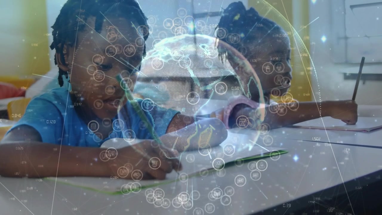 Vertical video: Leaning left writing while right reaching at school working in blue tops pencil HUD