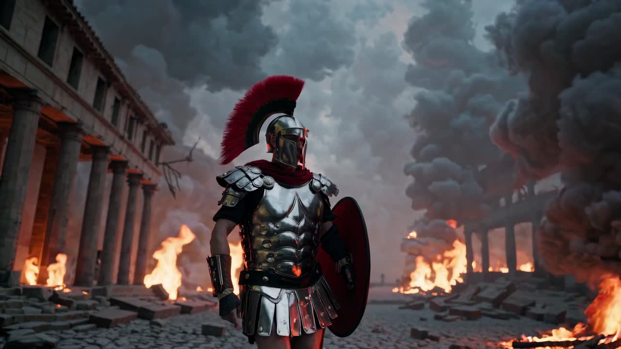 Epic video scene of a Roman soldier in armor amidst ruins and fire, captured from a low-angle
