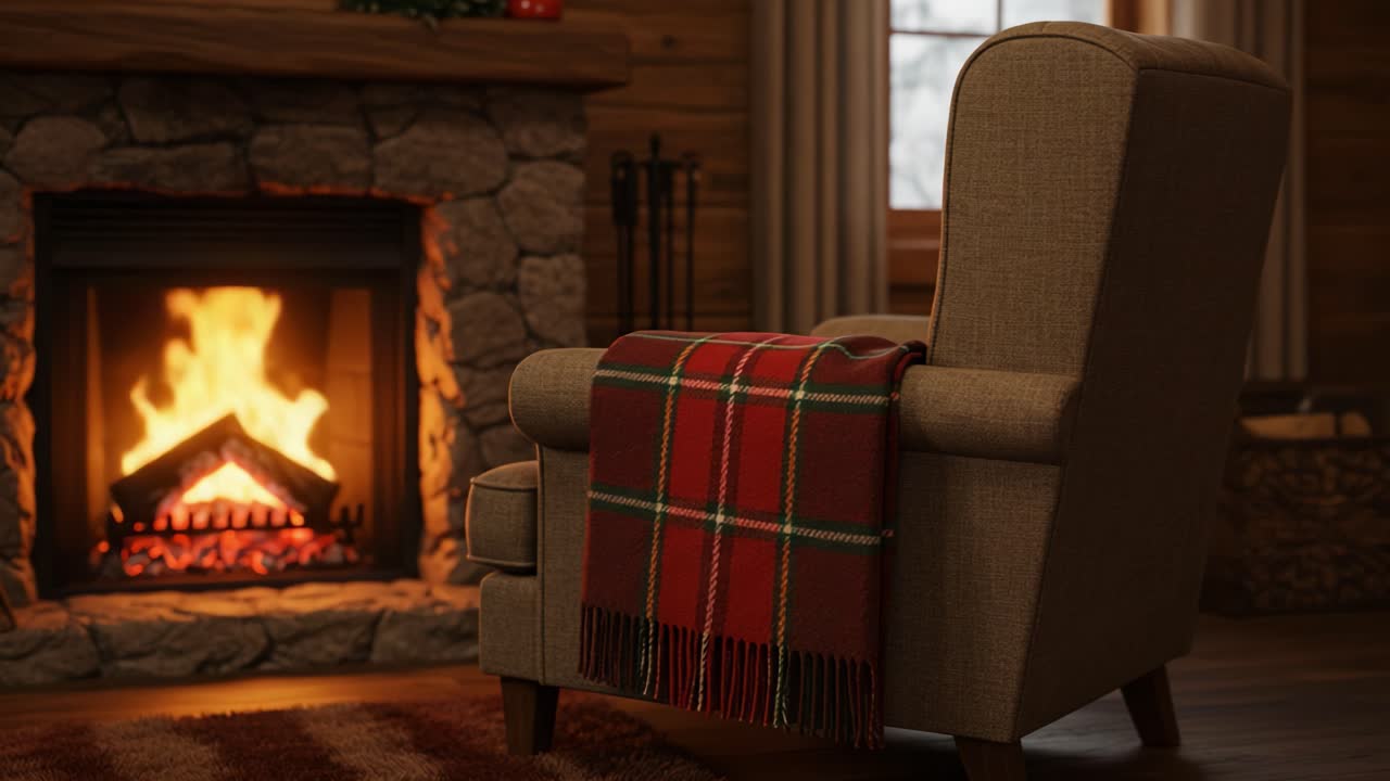 Cozy Fireplace and Armchair with Plaid Blanket in a Rustic Cabin