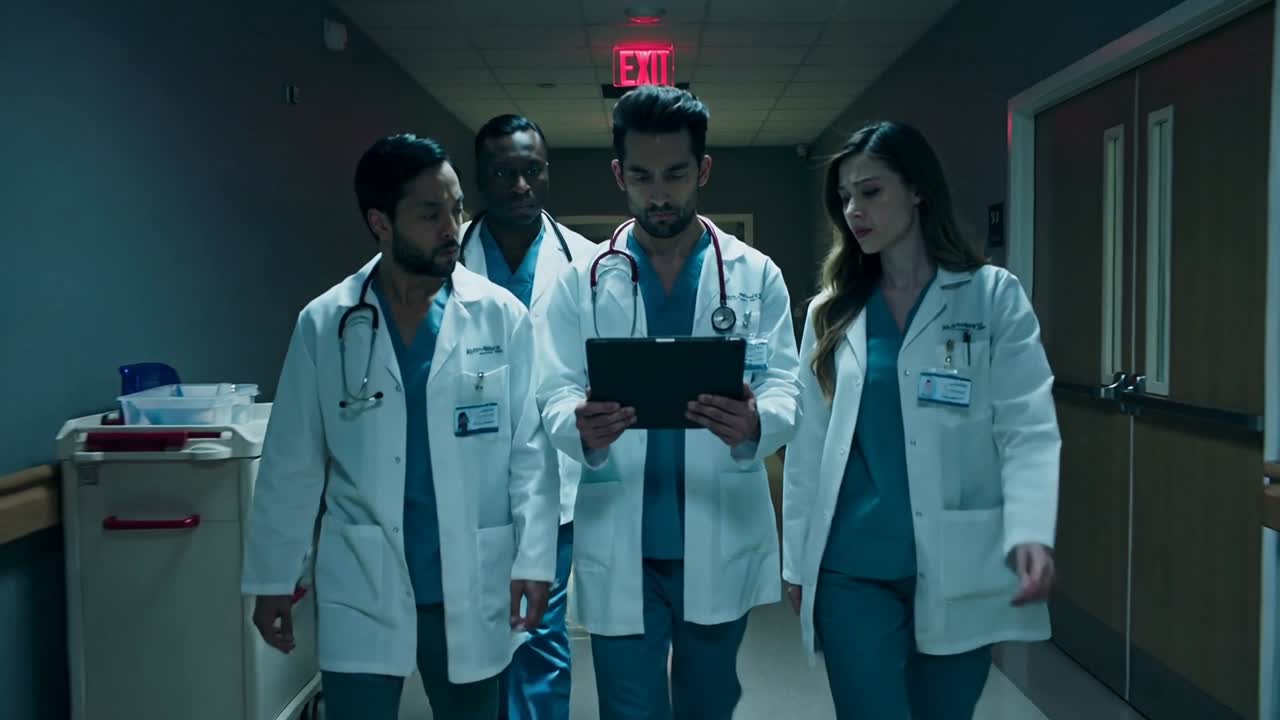 Walking doctors reading tablet alert and discussing care in hospital corridor, wearing teal scrubs