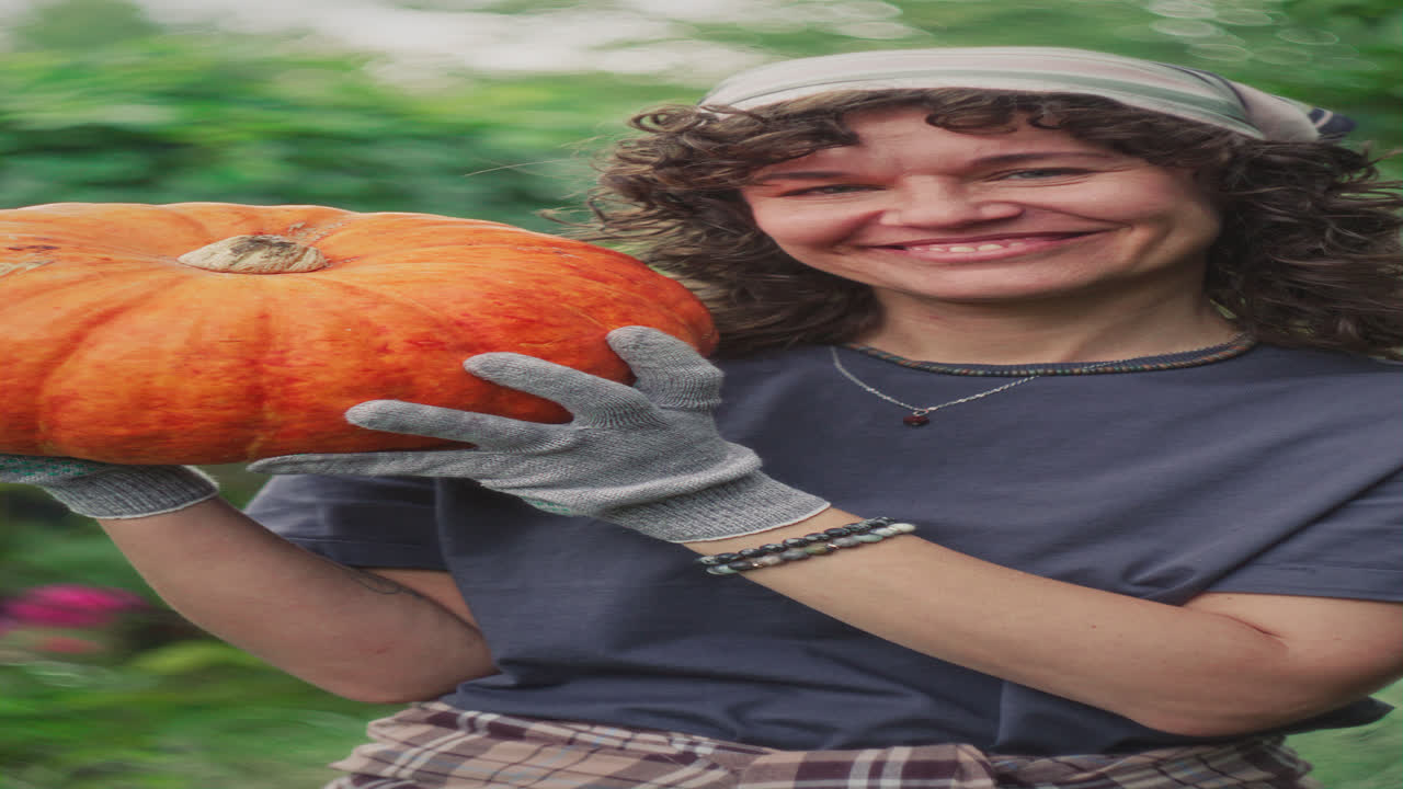 Portrait of Happy Female Holding Large Pumpkin in Outdoor Garden