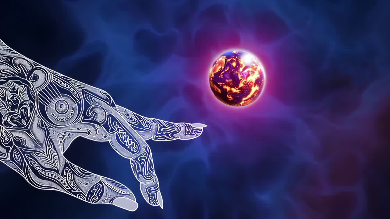 Mystical Hand and Fiery Orb in Cosmic Space