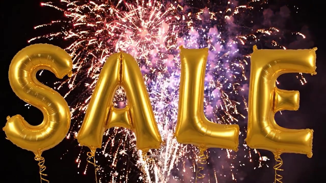 Festeggia grandi risparmi con il nostro abbagliante evento di saldi, con spettacolari fuochi d'artificio e accattivanti palloncini dorati che brillano di eccitazione!