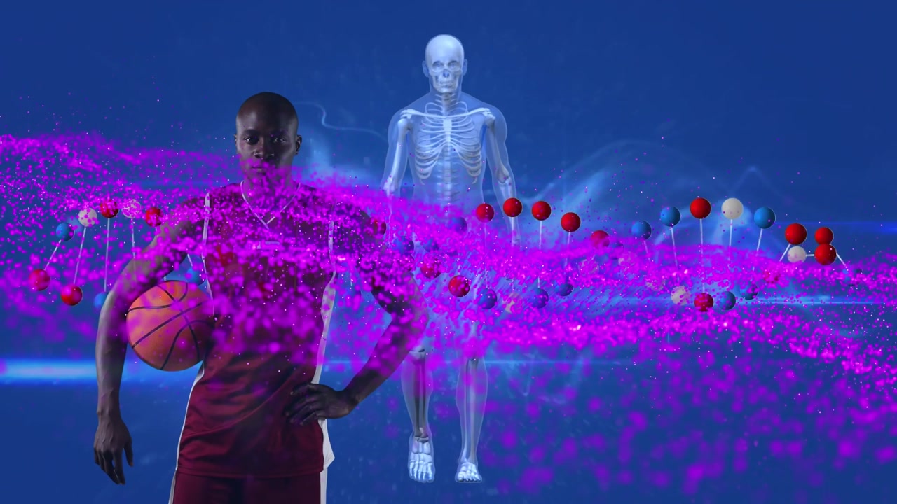 Digital wave and dna structure over african american male basketball player and human body model