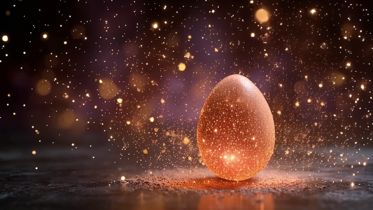Kultainen muna hehkuu kimaltelevilla hiukkasilla. Lämmin valo ympäröi sileää pintaa. Bokeh-tausta luo maagisen tunnelman. Täydellinen pääsiäiseen, uudelleensyntymään tai fantasiateemoihin. Sopii mainontaan.