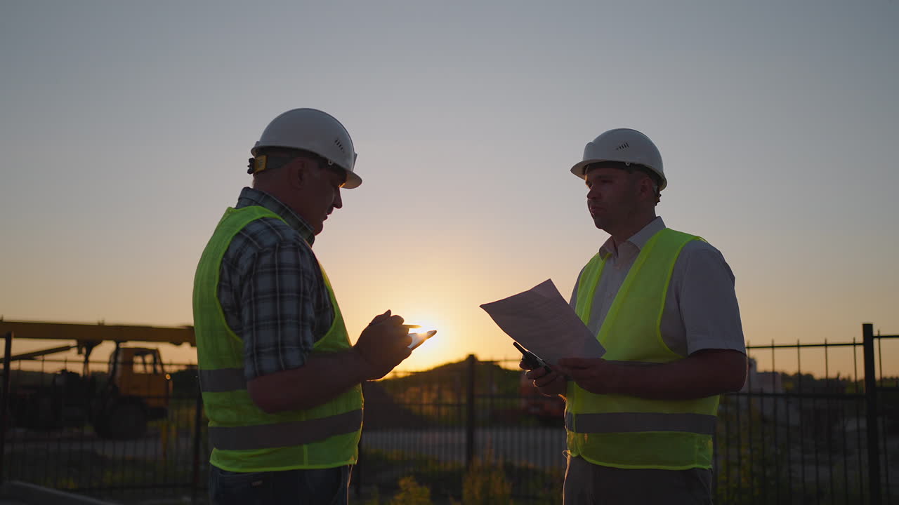 retrato de las manos de dos constructores. constructor estrechando la mano del constructor en el fondo de la casa construida. primer plano de un apretón de manos de dos hombres con chalecos de señal verde contra el fondo del sol