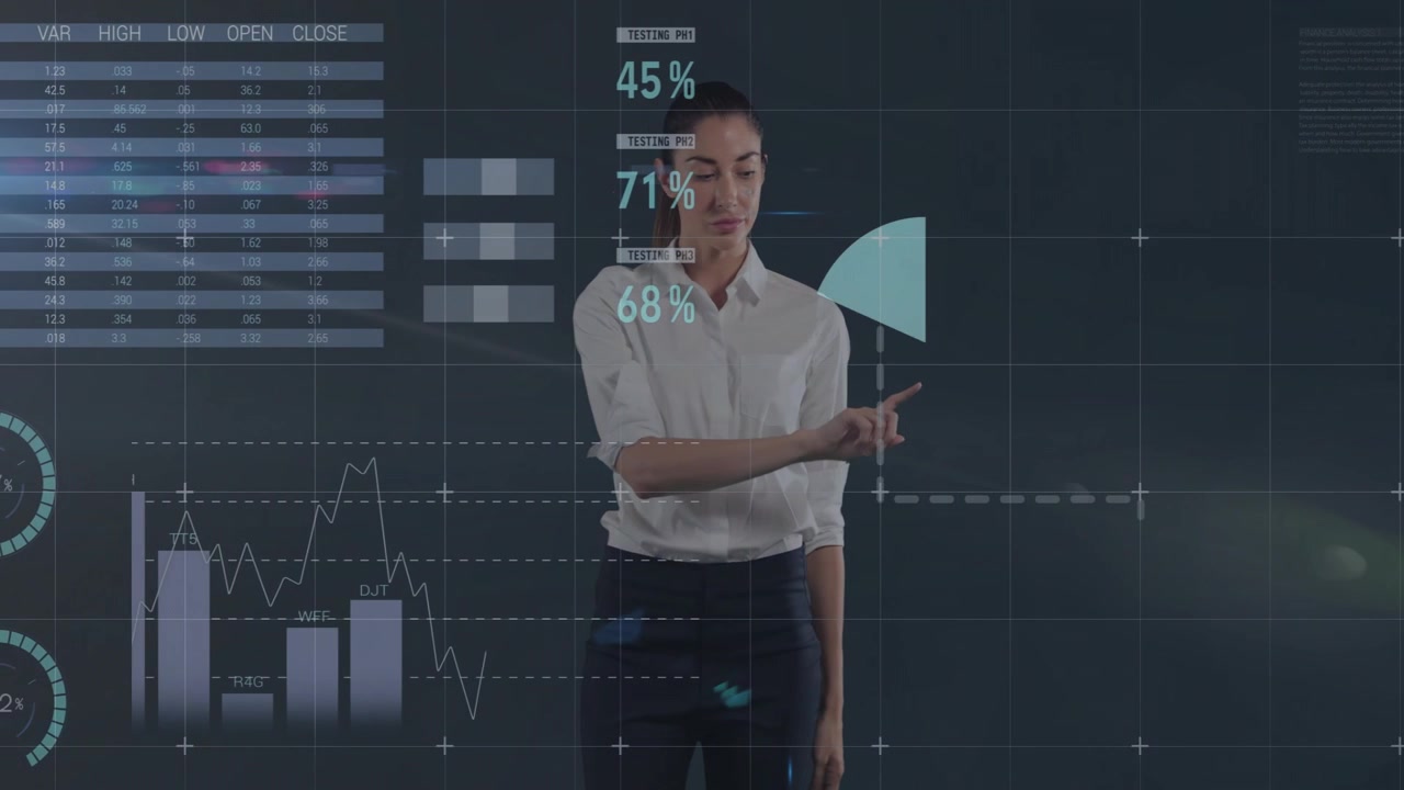 Woman unfolding arms and tapping data HUD in studio, manipulating pie charts for business insight