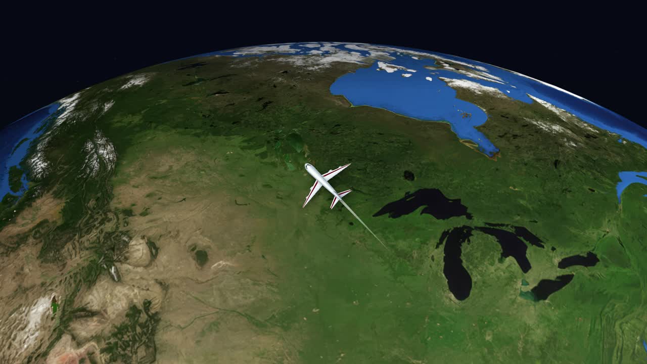 Kommercielt fly flyver hen over en 3D-globus fra Atlanta, Georgia til Seoul, Sydkorea