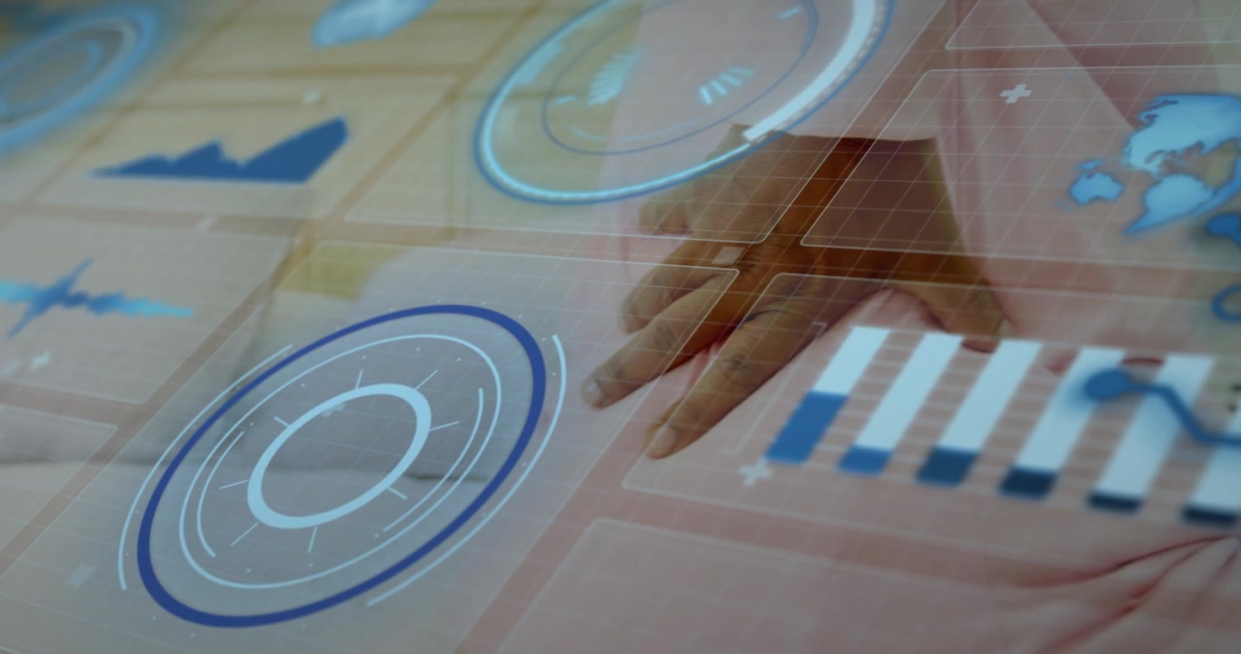 Animation of digital screen with data over hands of african american senior woman with back pain