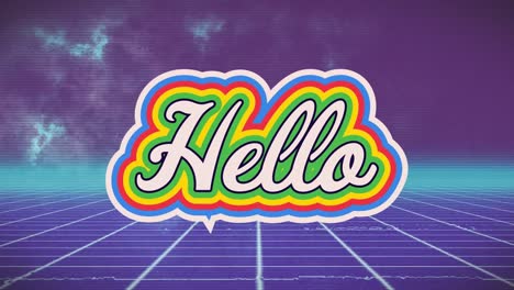 Animation-of-hello-text-over-sky-with-clouds-on-purple-background