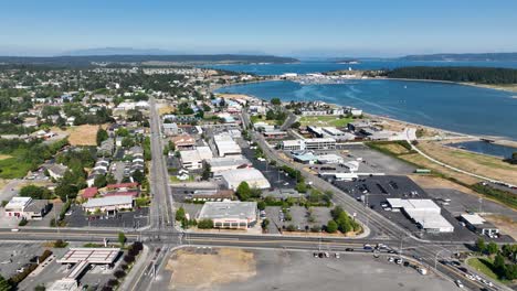 overhead view of oak harbor's main street drag with the harbor off in the distance