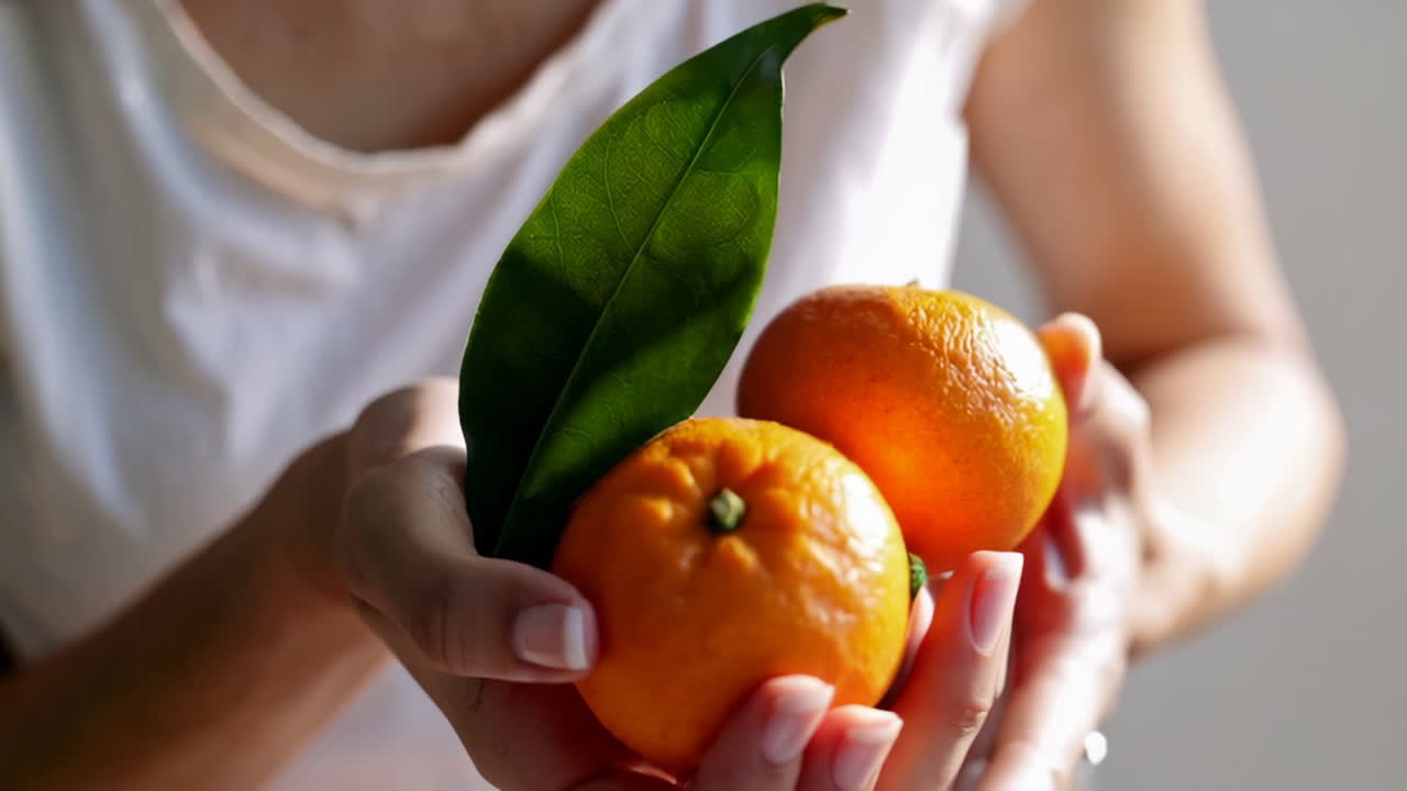 A person holding fresh oranges with leaves