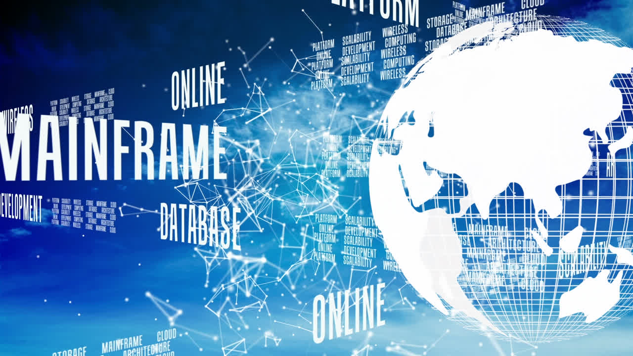 파란색 배경에 전 세계 기술 텍스트의 애니메이션