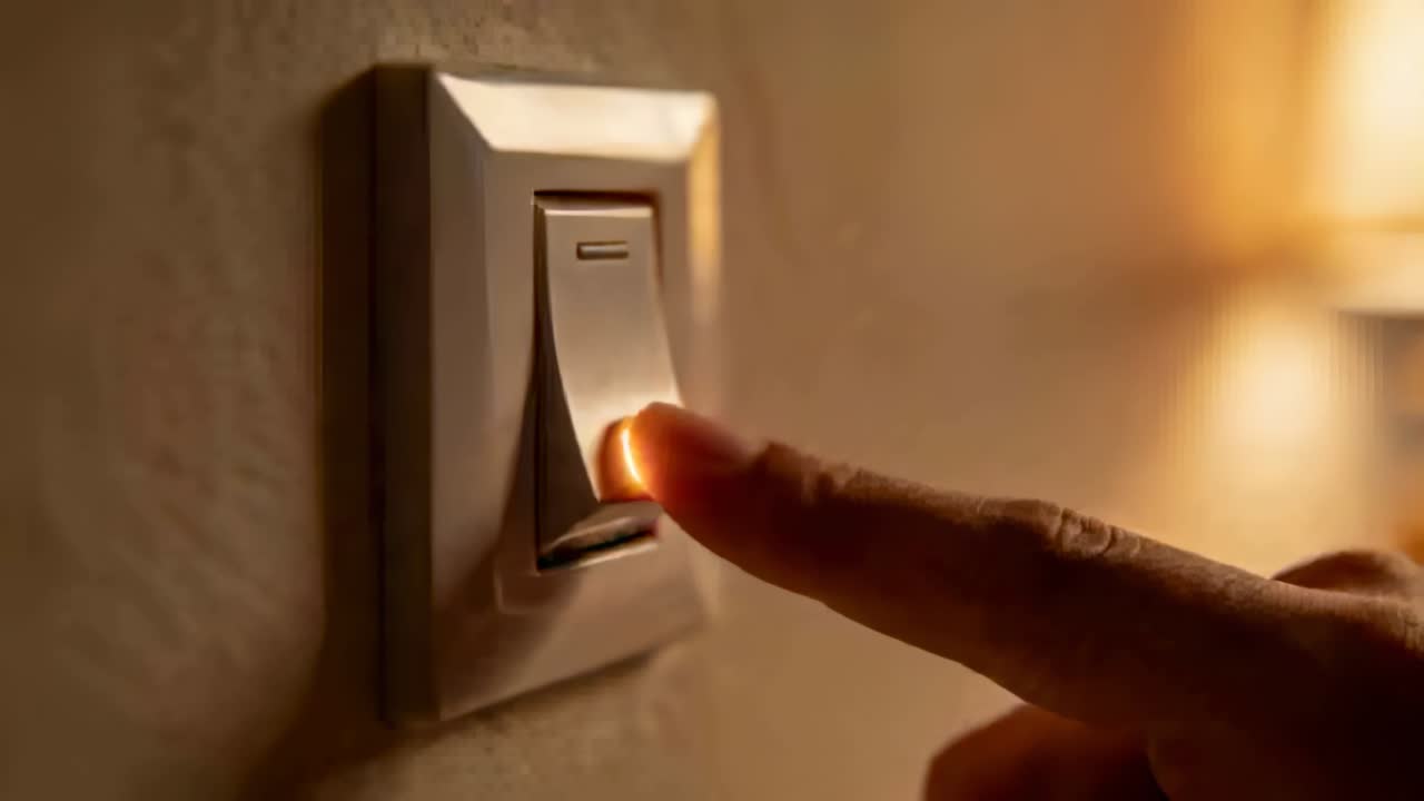 Reaching adult hand pressing wall-mounted rocker switch in bedroom, turning off lamp, orange glow