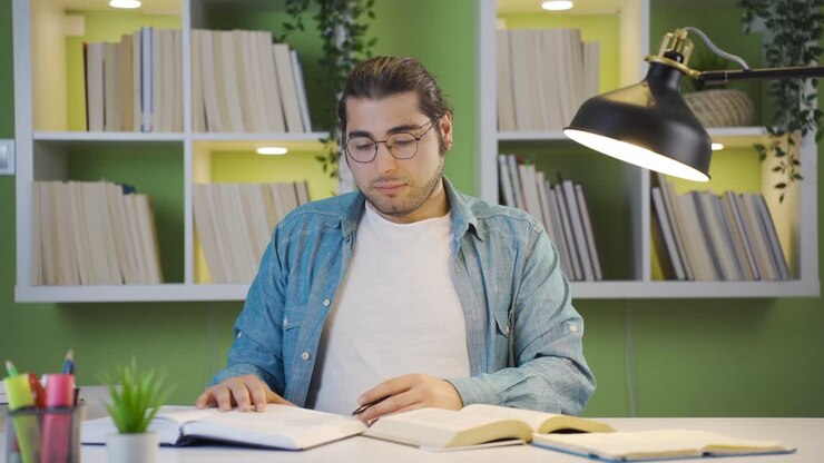 Tired and sleepy male student studying.