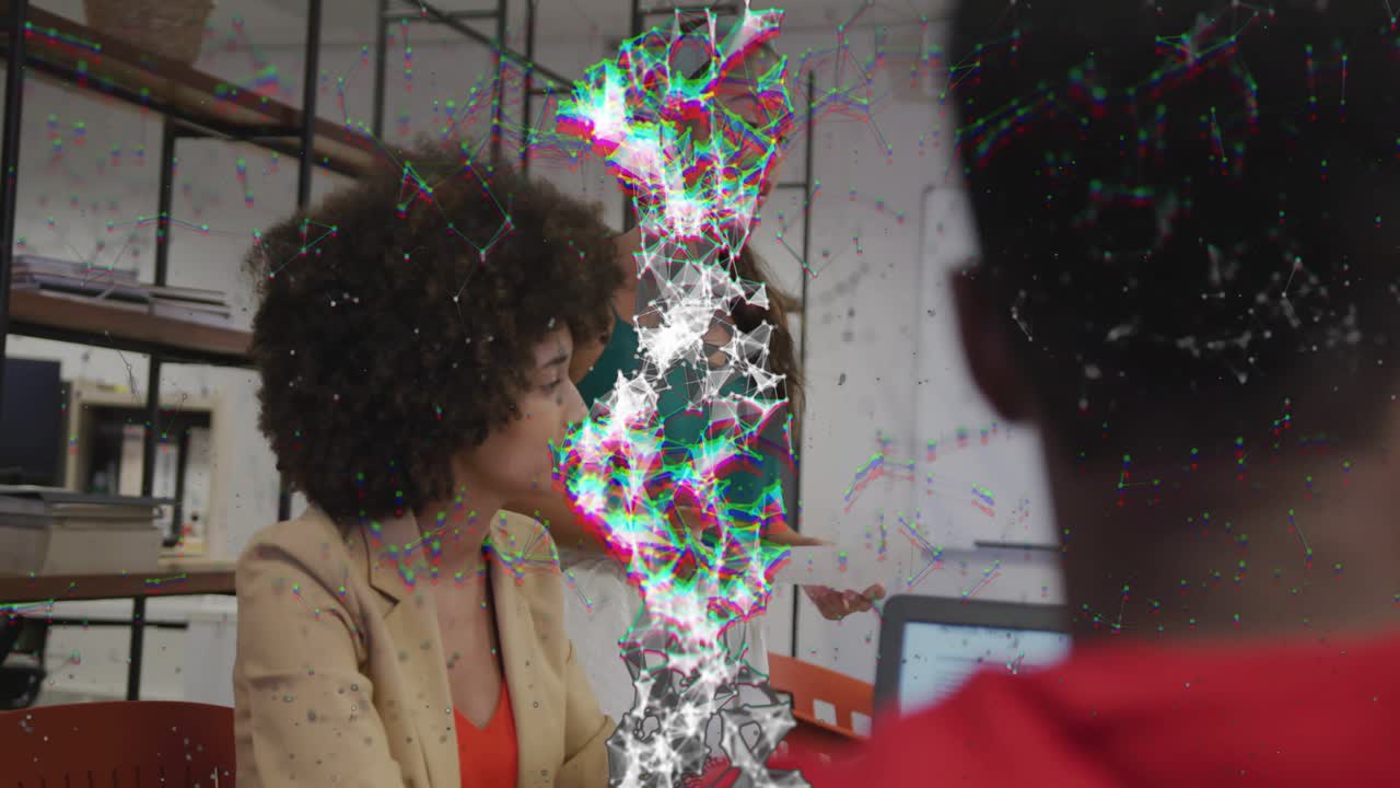 Presenter addressing team with papers in business meeting, gesturing while glitch obscuring face