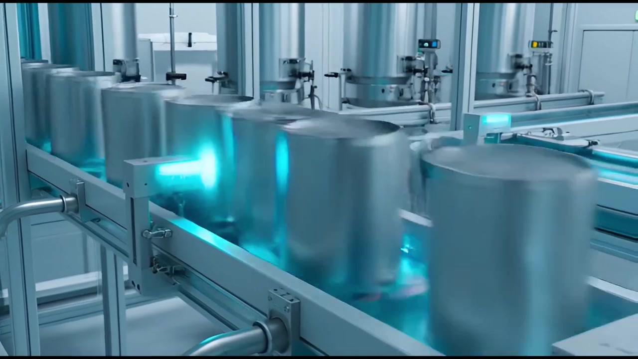 Futuristic Factory with Automated Conveyor Belt and Blue Lighting
