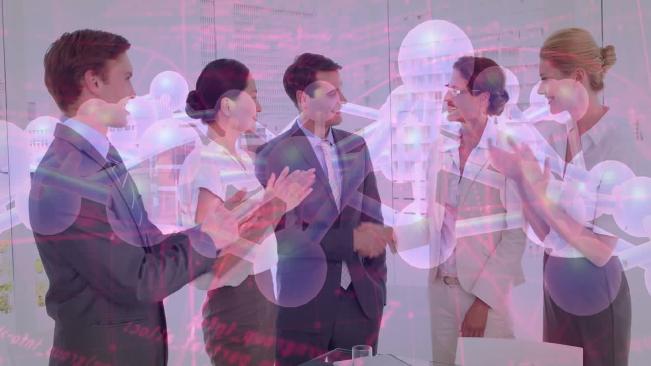 Shaking hands, business professionals with digital data animation in office setting