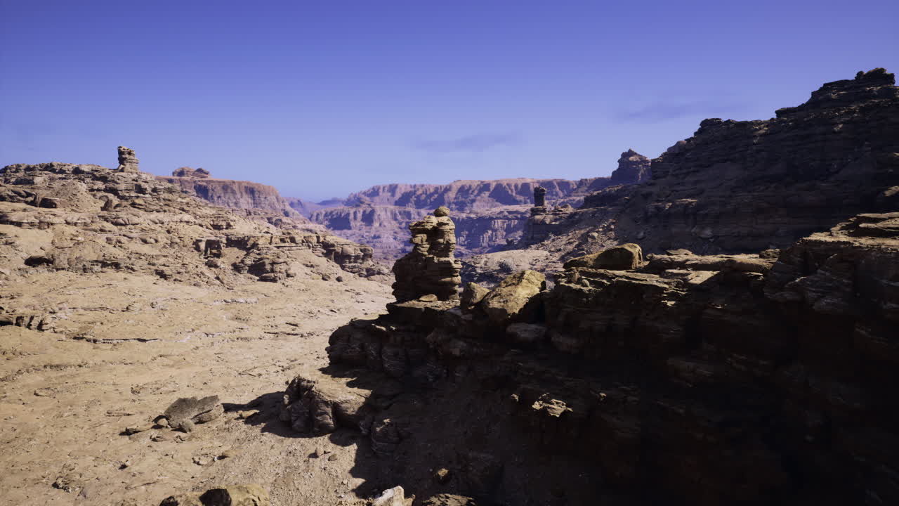 Exploration of rugged desert landscape with distant mountain views at noon