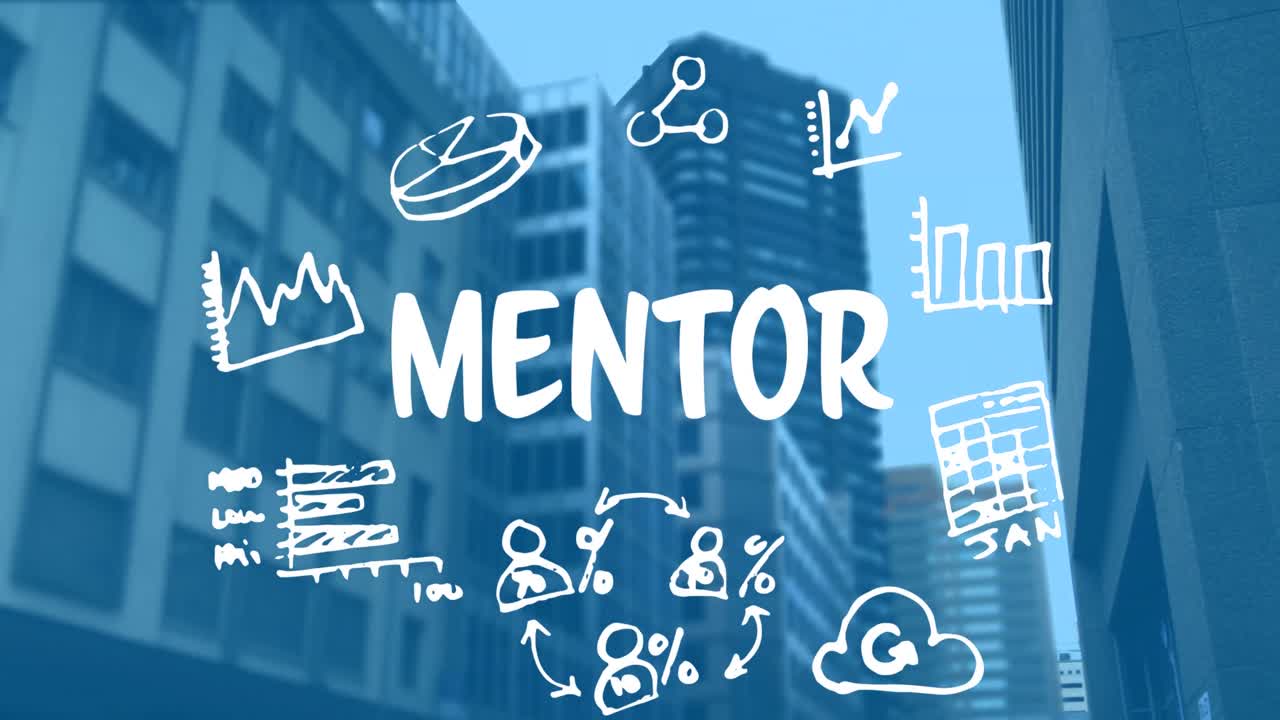 멘토 텍스트 배너와 높은 건물에 대한 여러 비즈니스 개념 아이콘