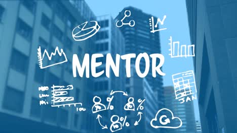 banner de texto de mentor y múltiples iconos de concepto de negocio contra edificios altos
