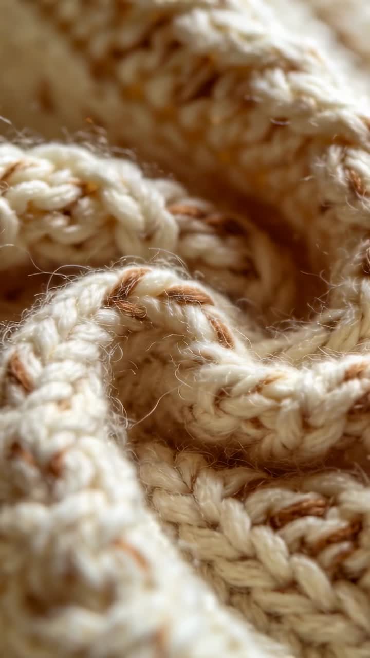 Video vertical: Equipo macro ajustando el enfoque y moviéndose a través de un suéter, mostrando puntos trenzados color crema.