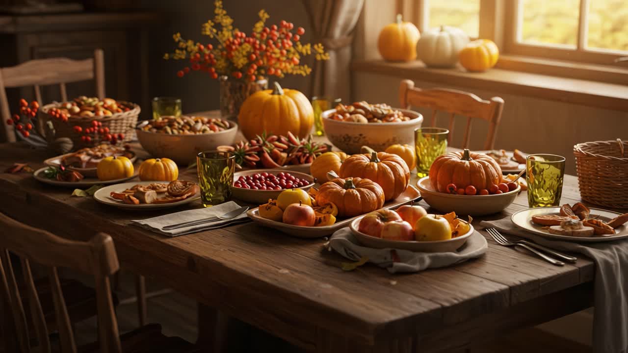 A Beautifully Arranged Autumn Harvest Feast Featuring Pumpkins, Fresh Fruits, Nuts, and Seasonal Decor on a Rustic Wooden Table Bathed in Warm Light