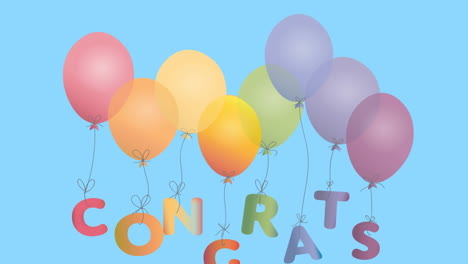 animación de globos flotantes y felicitaciones texto en fondo azul