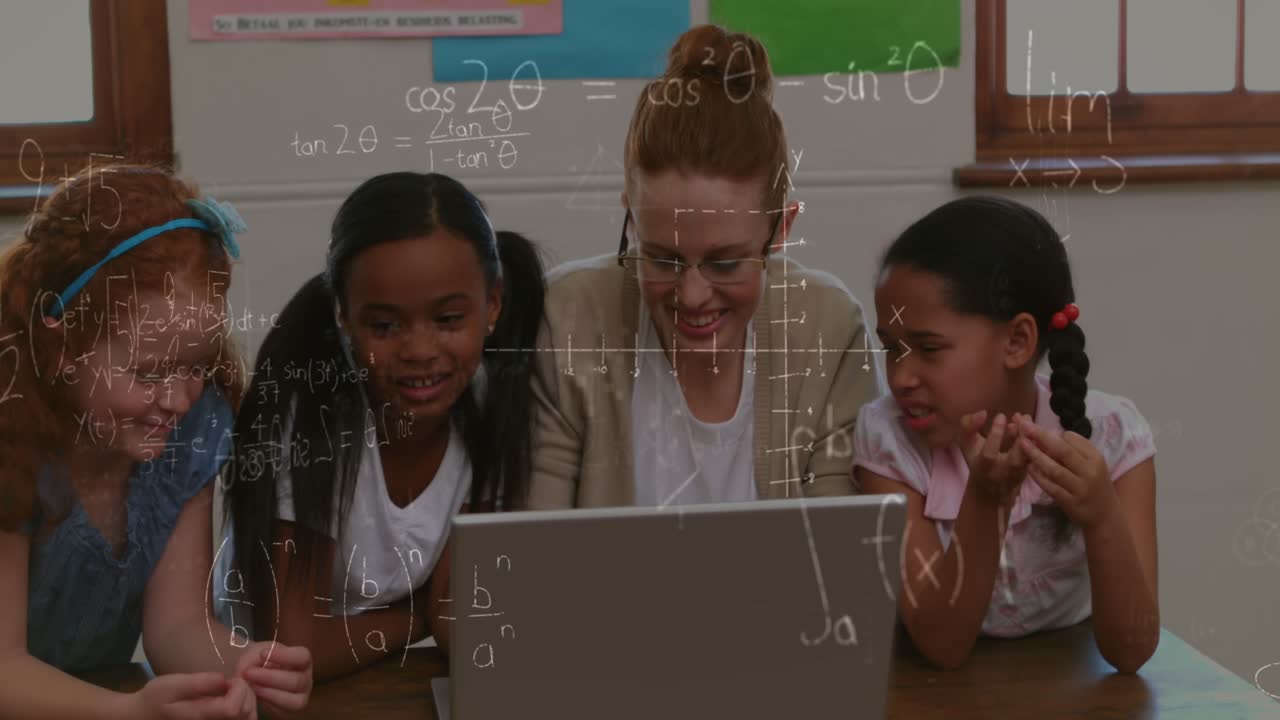 Animation of math formulas moving over diverse female teacher and pupils working on laptop