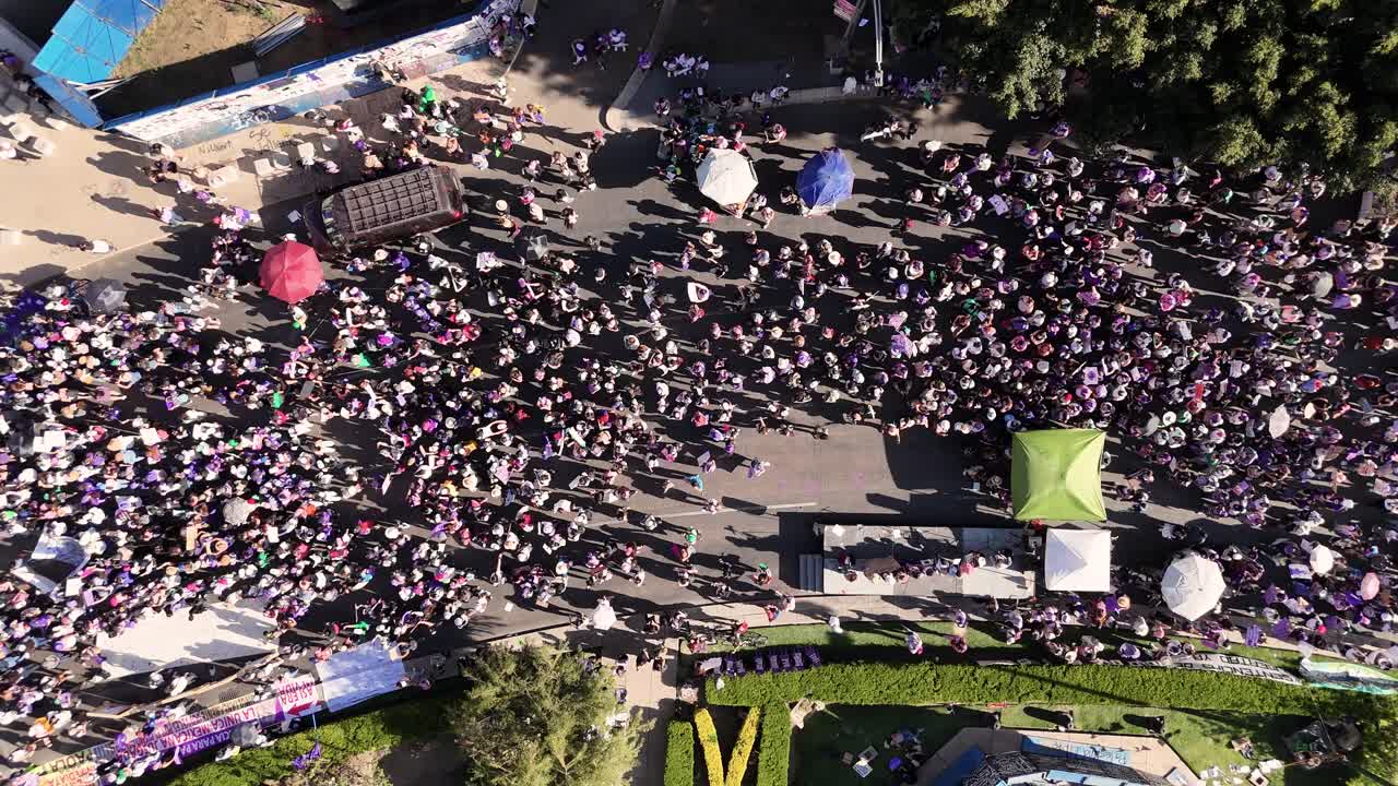 vista aérea de la manifestación del día internacional de la mujer a lo largo del paseo de la reforma, cdmx