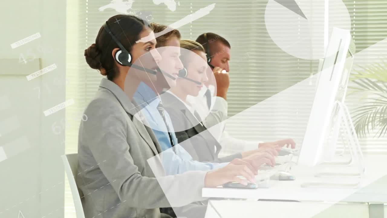 휴대폰 헤드 ⁇ 을 착용한 사업가들에 대한 통계 및 데이터 처리 애니메이션