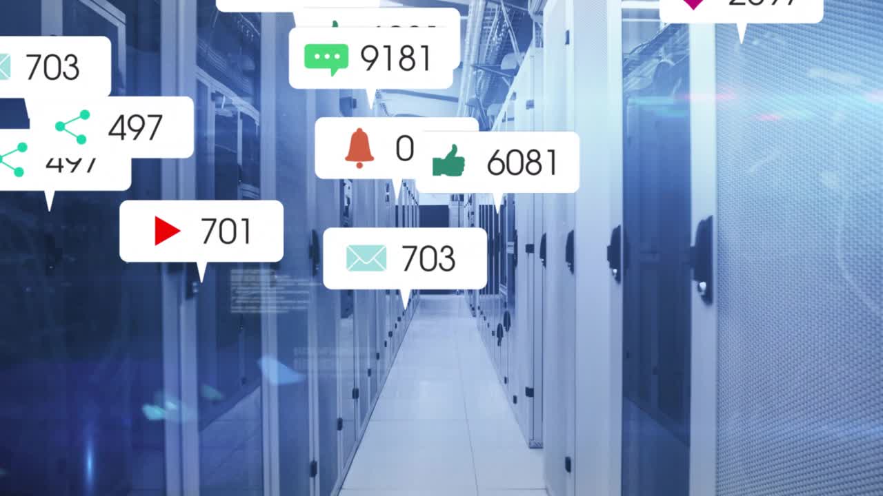 At one second floating notification icons multiplying and filling server corridor showing metrics