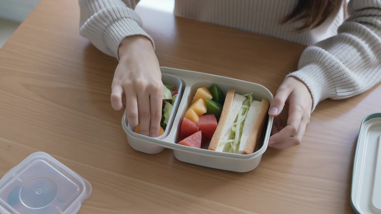 Mittagessen packen, Frau in cremefarbenem Pullover platziert Behälter mit orangefarbenem Deckel in Bento-Box am Heimtisch.