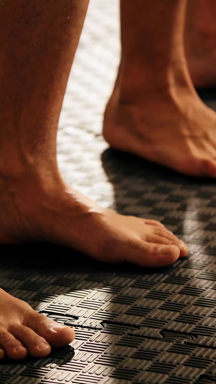 Video verticale: Pressione delle dita dei piedi che provoca uno spostamento, con i piedi anteriori che si muovono sui tappetini da palestra per stabilizzare la postura.