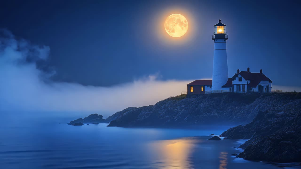 A lighthouse is on a rocky shoreline at night. The moon is shining brightly in the sky
