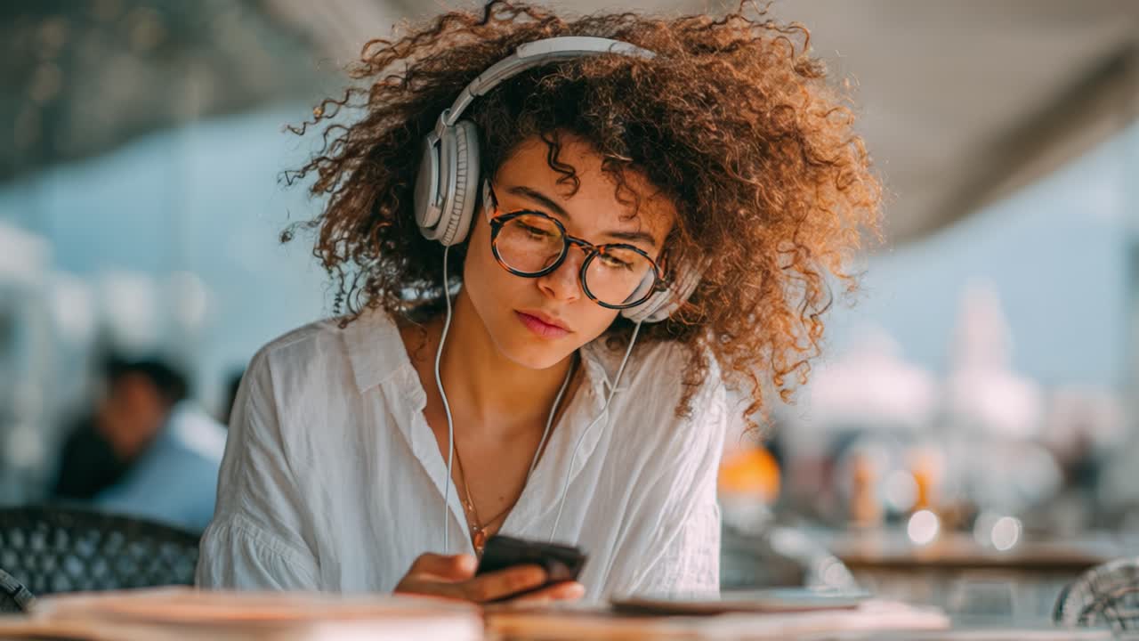 A Young Woman with Curly Hair Enjoying Music While Using Her Smartphone in a Vibrant Café Atmosphere, with Headphones Over Her Ears and a Focused Expression