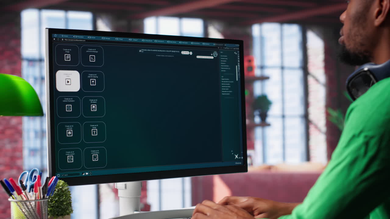 Vertical Video African American person uses AI chatbot to generate a video montage