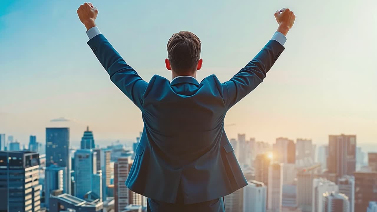 Successful businessman celebrating achievement in cityscape