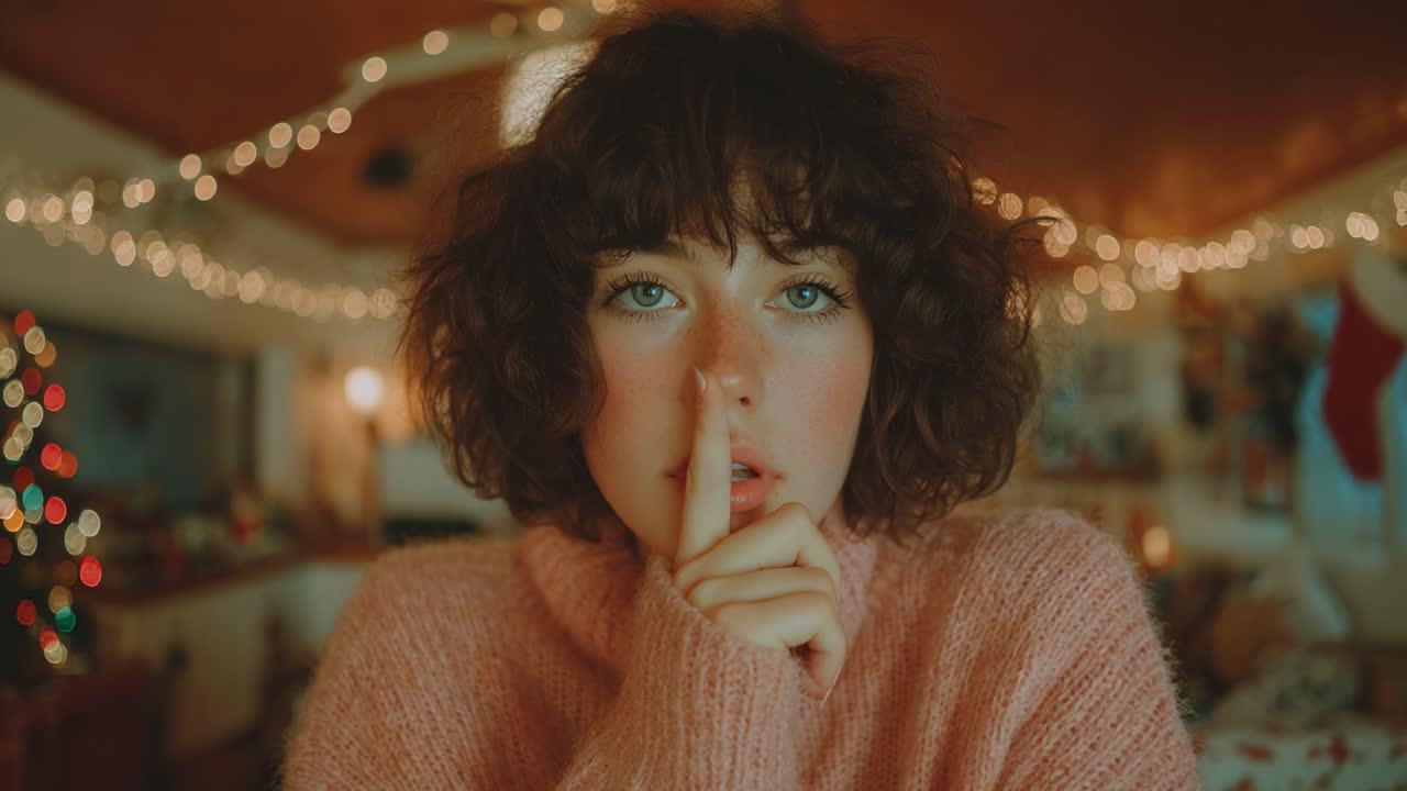 A captivating portrait of a woman with curly hair in a cozy setting, playfully signaling for silence with a shushing finger against her lips, surrounded by festive decorations
