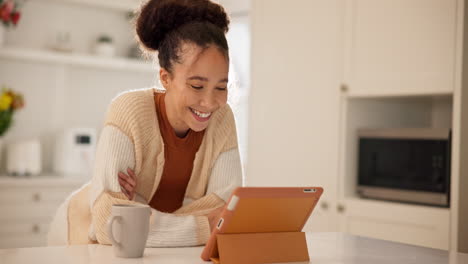 home, smile and woman with a tablet