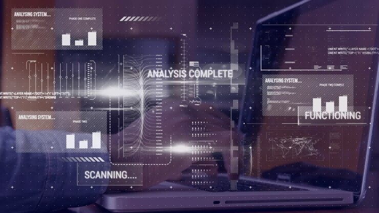 Digital interface with data processing against man using laptop