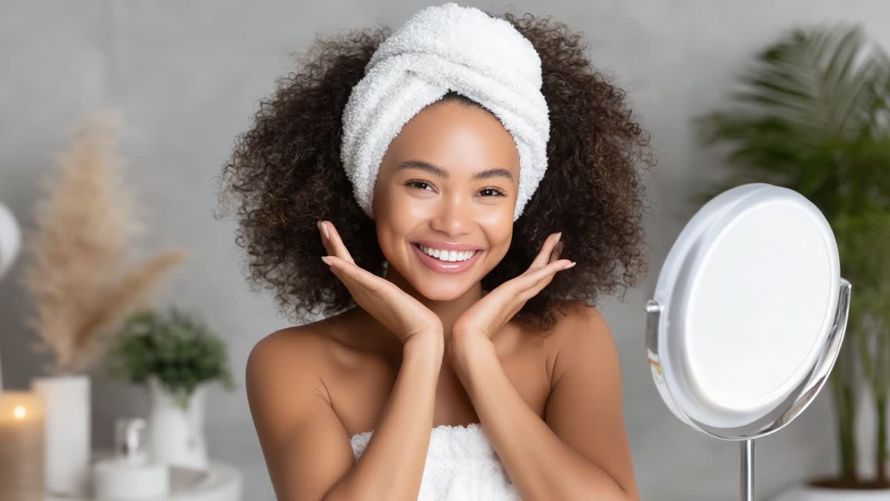 Radiant Beauty: A Joyful Moment of Self-Care with a Smiling Woman in a Towel Embracing the Essence of Happiness and Wellness in a Relaxing Space