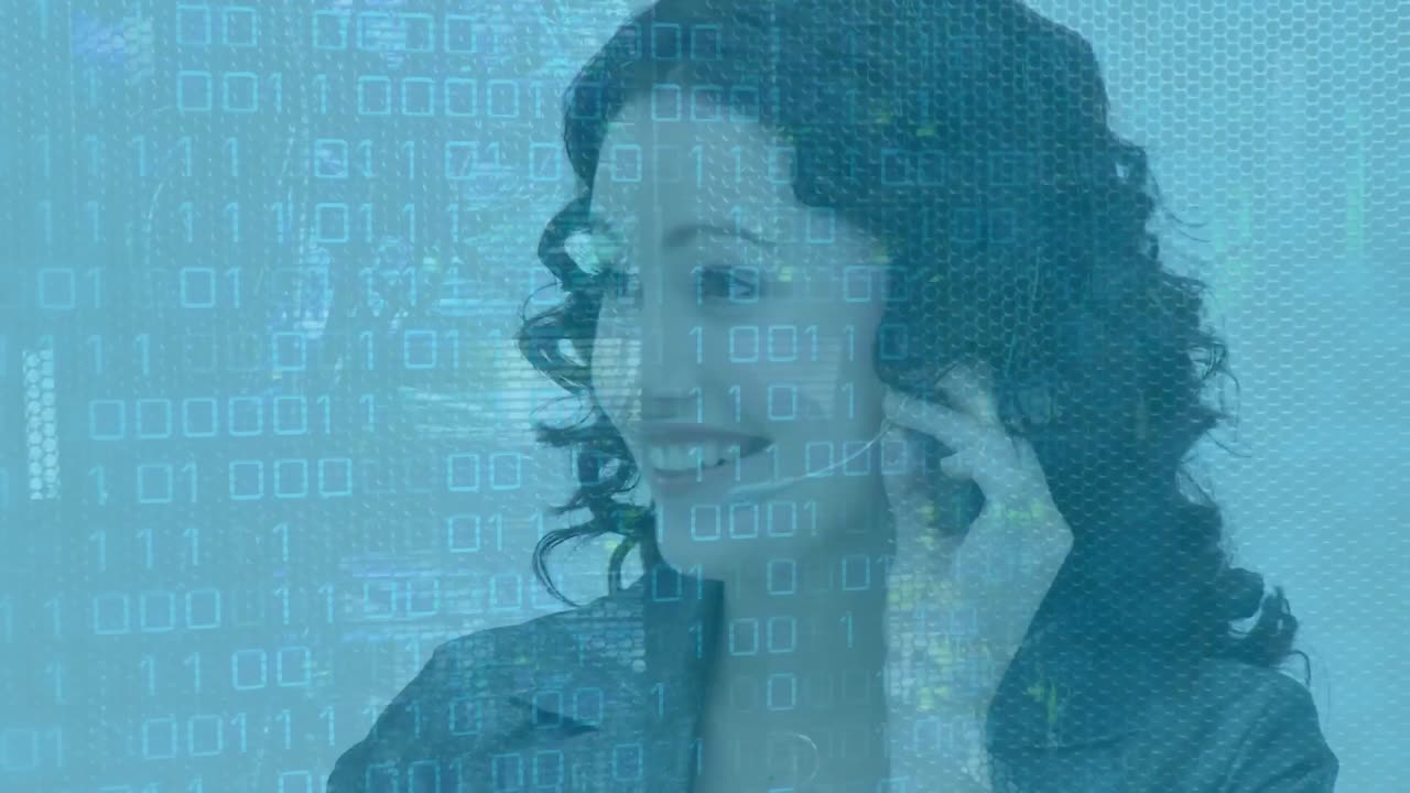 Animation of data processing over caucasian woman using phone headset working in call center