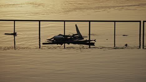 debris floating against a submerged railing in floodwaters at sunset, budapest, hungary