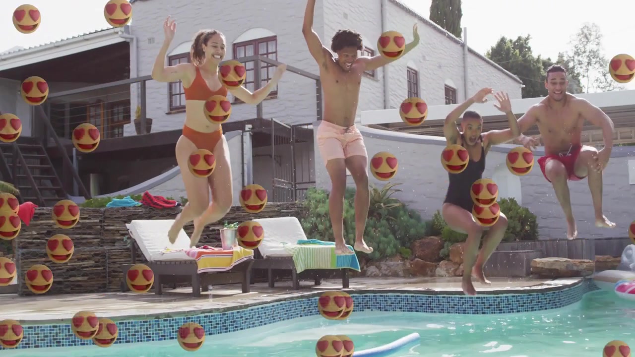 Four adults running and launching into pool for marketing, creating splash with heart-eyes overlay