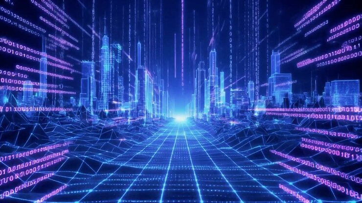 Paesaggio Urbano Digitale Futuristico con Flussi di Dati e Terreno a Wireframe