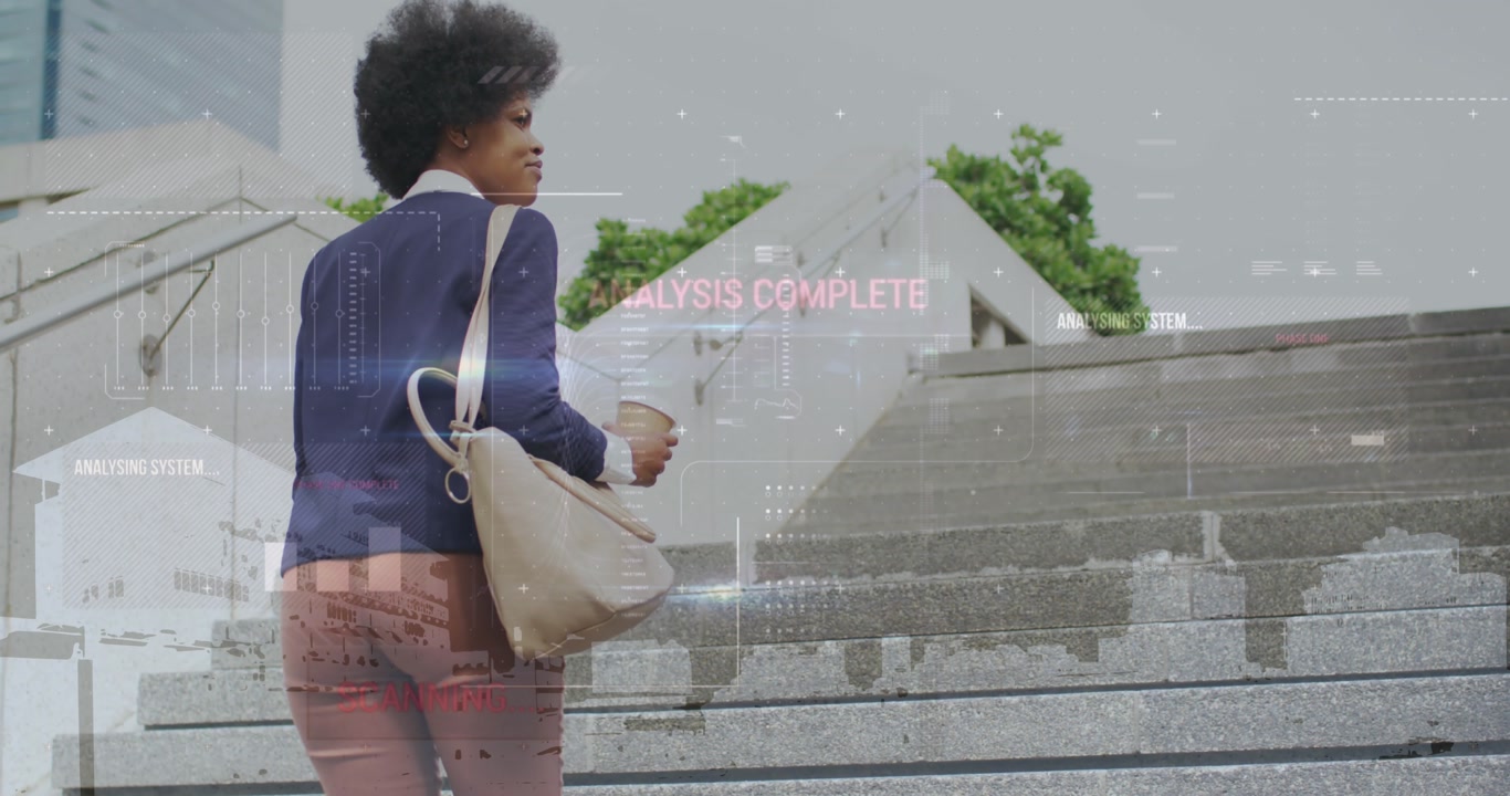 Animation of interface with data processing over african american businesswoman climbing stairs