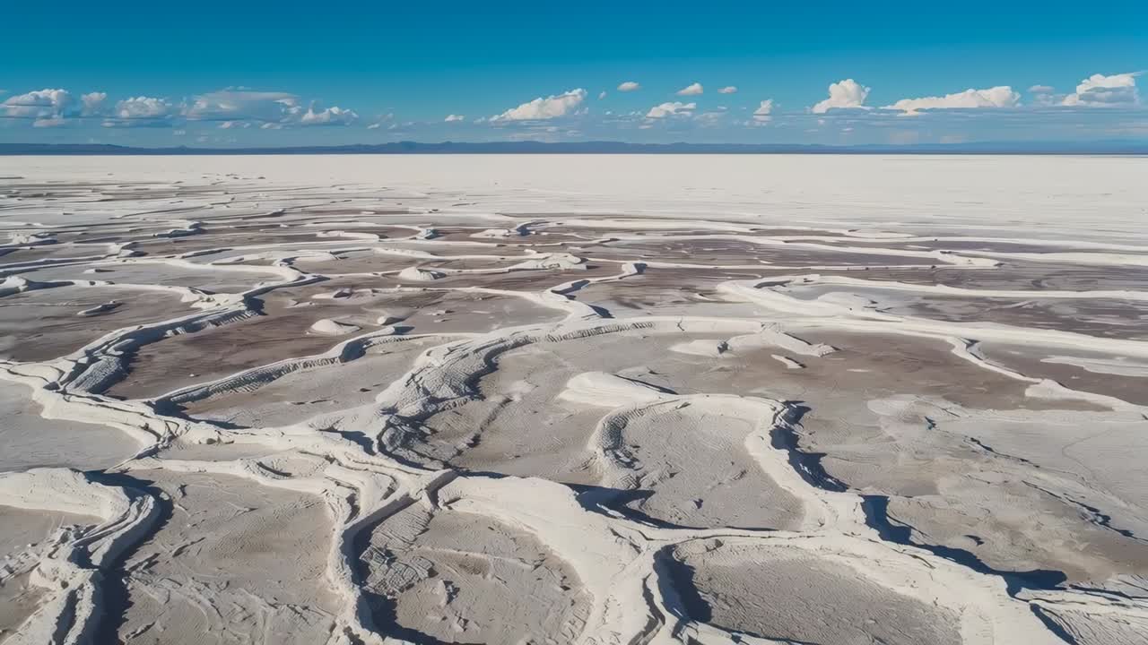 Salthauger og kanaler som skifter under dronekamera som vippes over tørr playa, og avslører slette